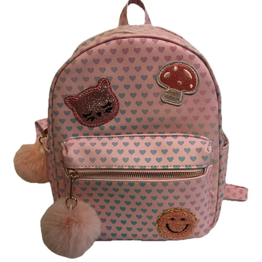 Pink Hearts with Cute Cat Smiley Mushroom Patches Small Backpack